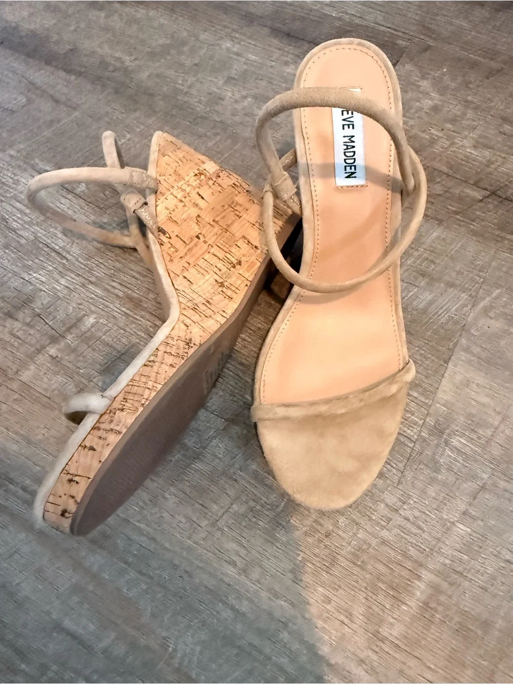 Steve Madden Beige Cork Wedge Sandals - Minimal Strappy Slingback